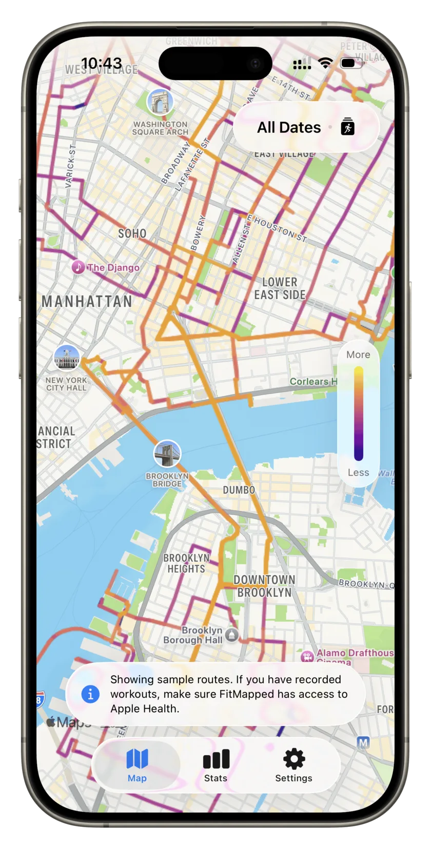 FitMapped displaying a workout heatmap of New York City with the Map, Stats, and Settings tabs.