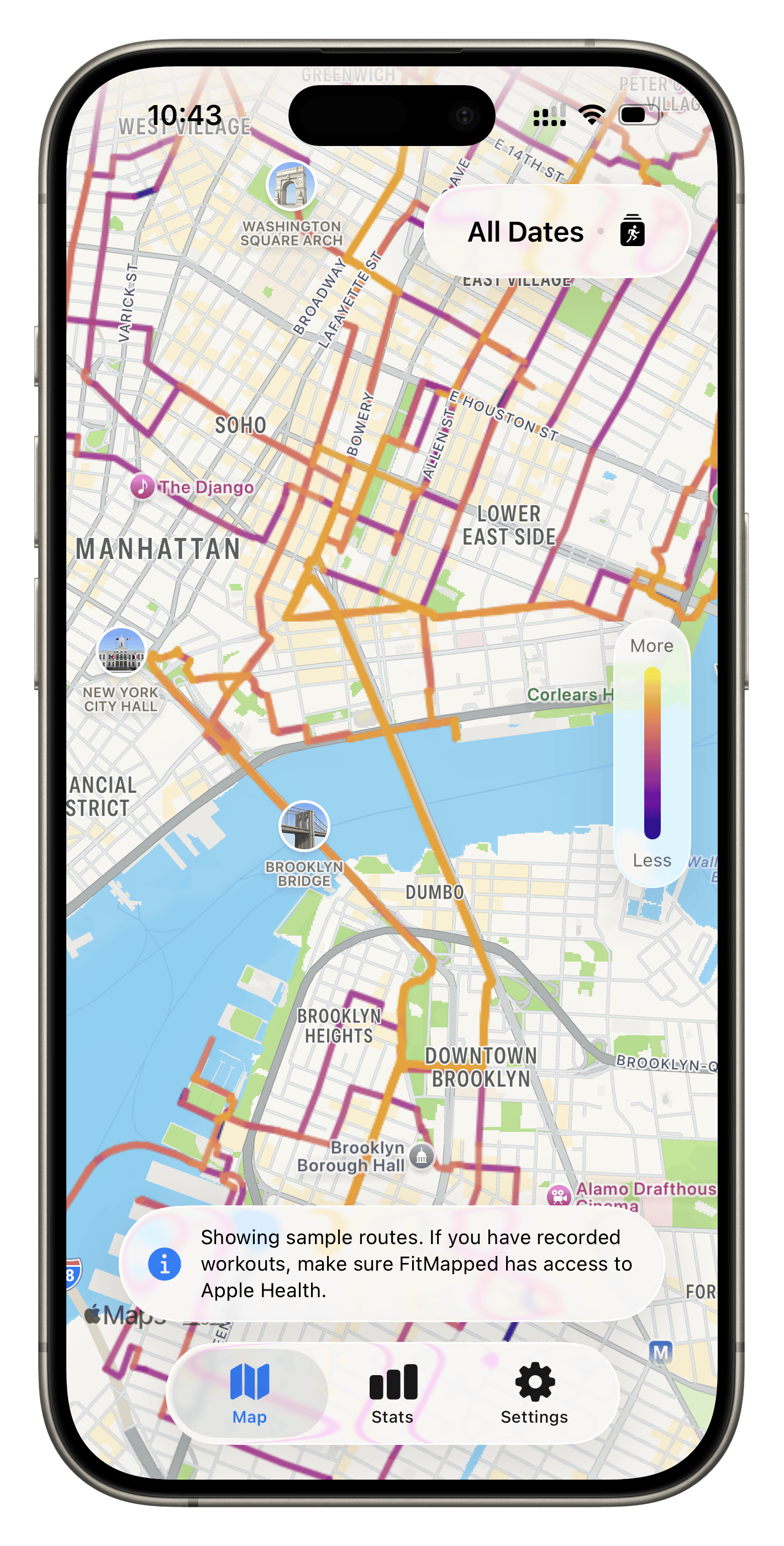 FitMapped displaying a workout heatmap of New York City with the Map, Stats, and Settings tabs.